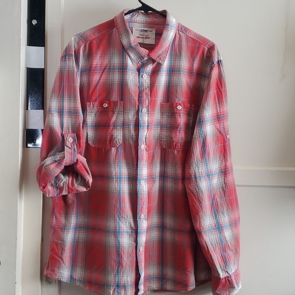 Urban Pipeline Men's Long Sleeve Flannel Button-Up Plaid Red White Blue Size XL